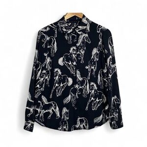 JANE + DELANCEY Black Ivory Horses Print Rayon Button Down Long Sleeve Shirt M